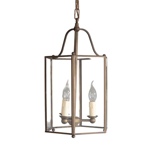 Vintage Hexagonal Lantern in Brass and Glass, 1930s For Sale