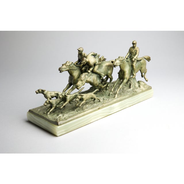 Continental Gilt Metal Equestrian Hunt Group, Circa 1900 — Riders, Horses & Hounds on Green Onyx Base For Sale In Portland, OR - Image 6 of 14