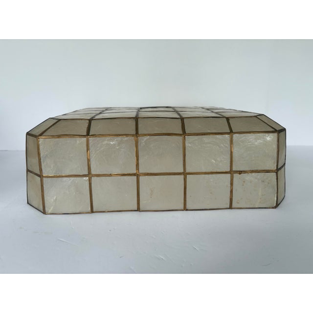 1970s Vintage Capiz Shell Square Ceiling Lamp Shade With Brass Grid Frame For Sale In Orlando - Image 6 of 10