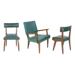 Vintage Italian Armchair and Chairs in Wood and Faux Leather, 1950s, Set of 3 For Sale