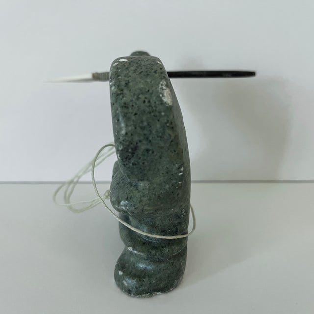 Gray Early 21st Century Bekoa Look Signed Inuit Stone Carving Featuring a Hunter With Spear Figural For Sale - Image 8 of 12