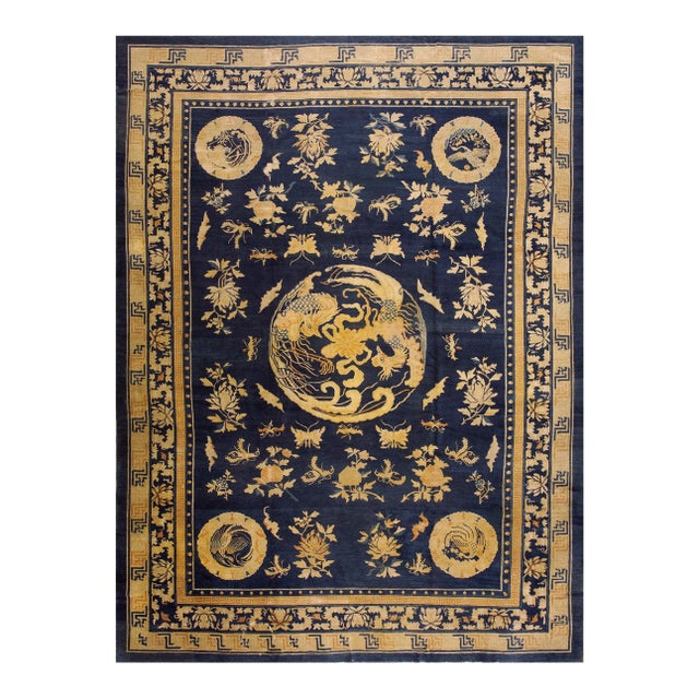 Wonderful Navy Background Color With Medallion Design Antique Chinese Peking Rug For Sale