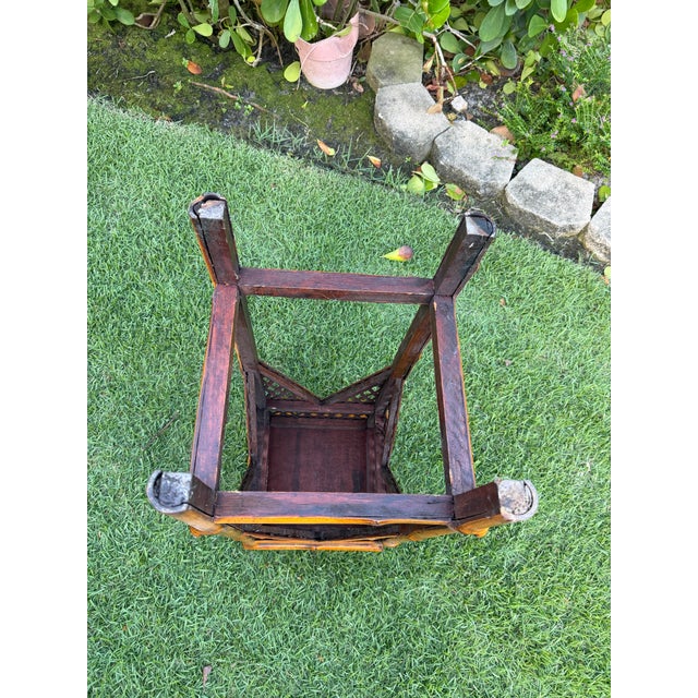 Brown Vintage 34” Burnt Split Bamboo & Woven Rattan Pedestal Plant Stand For Sale - Image 8 of 8