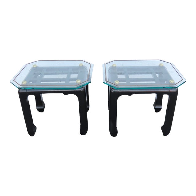 Hollywood Regency Black Painted Glass Top Side Tables a Pair 6901 For Sale