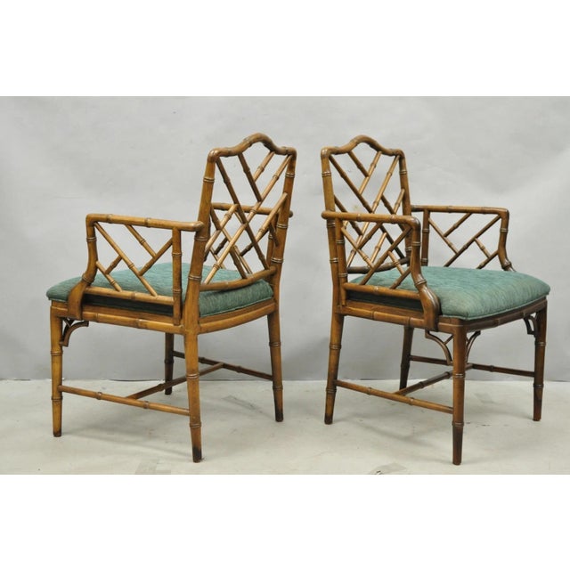 Hollywood Regency Vintage Chinese Chippendale Faux Bamboo Wood Fretwork Dining Arm Chairs - A Pair For Sale - Image 3 of 14