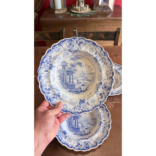 Antique Staffordshire Blue Transfer "Corinthian" Pattern Soup Bowls, Set of Three, Circa 1820s–1840s A charming and...