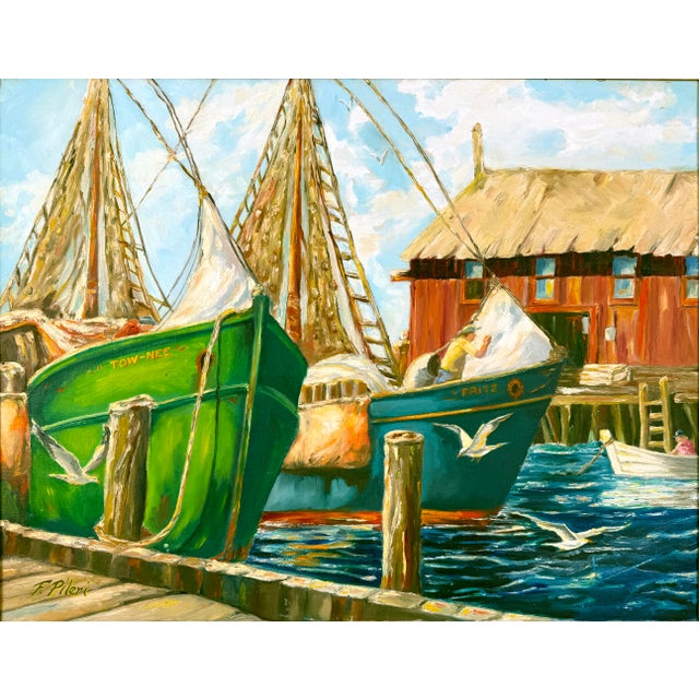 "The Lobster Boats at Gloucester" Impressionistic Maritime Oil Painting Vibrant and lively painting of moored lobster...