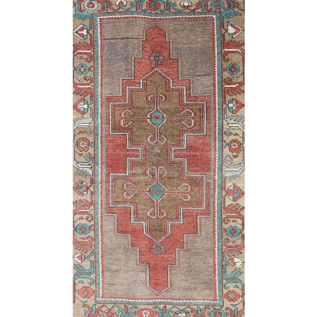 Vintage Turkish Oushak Rug in Warm Terracotta, Olive Brown, and Aqua Blue 4'2 X 7'5 For Sale - Image 4 of 9