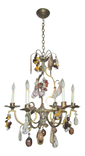 Vintage Mid-Century Bronze and Crystal 6 Arm Chandelier