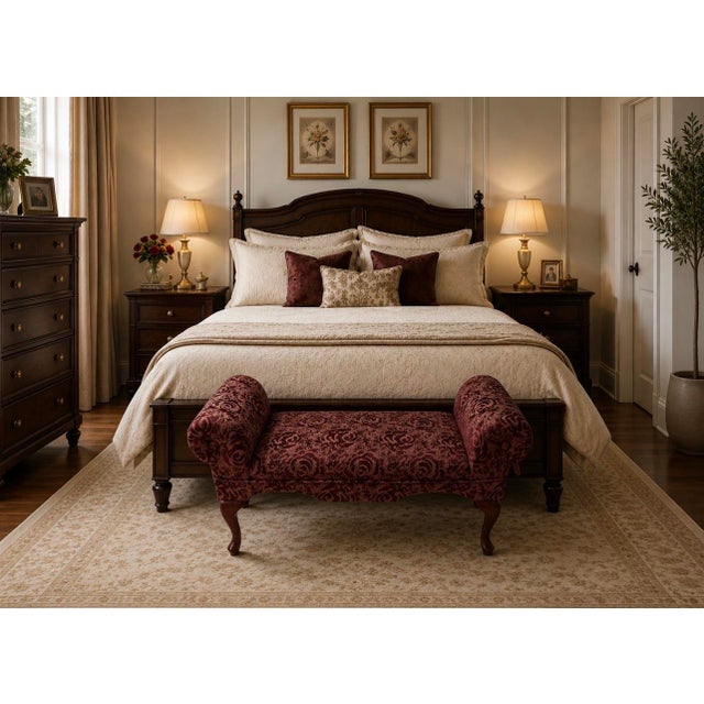 Add timeless elegance to any room with this beautifully upholstered vintage window or end-of-bed bench. Featuring graceful...