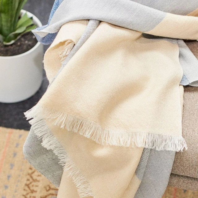 2020s Studio Variously Textured & Handwoven Merino Blue & Cream Color Block Ceru Throw For Sale - Image 5 of 12