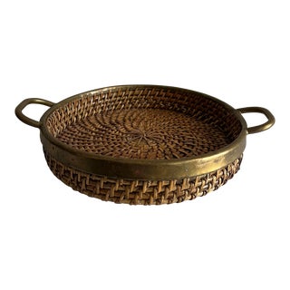 1970s Woven Rattan & Brass Serving Tray For Sale