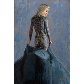 The Matador by Dave Seeley | Oil on Canvas on Board Woman with a patterned tattoo holding a cape. For Sale