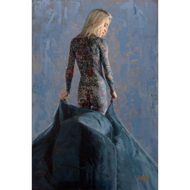 The Matador by Dave Seeley | Oil on Canvas on Board Woman with a patterned tattoo holding a cape. For Sale