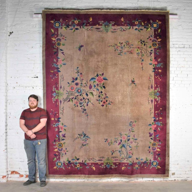 Antique Chinese Art Deco Wool Handmade Rug Taupe With Magenta Border 8’8”x11’4.5” For Sale - Image 10 of 13