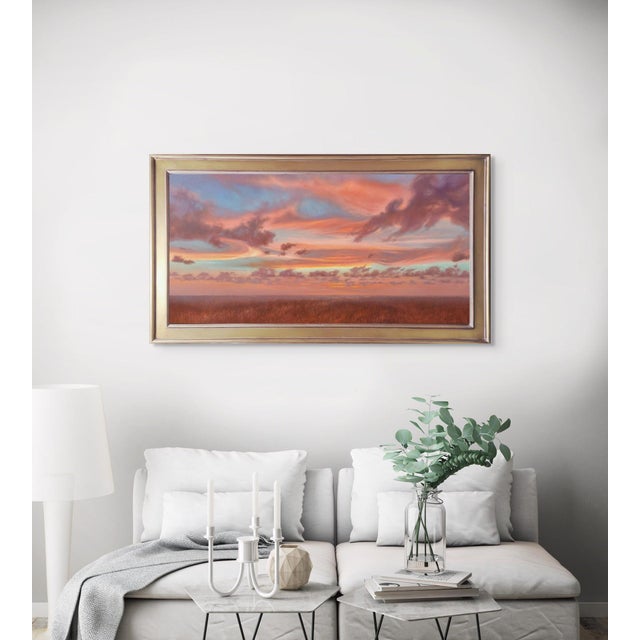 A Love From Above by Kirsten Savage | Oil on panel Sunset over a grassy landscape with clouds. For Sale - Image 4 of 5