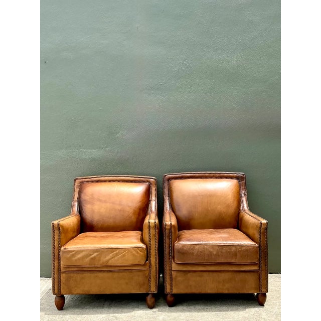 Vintage Nailhead Trim Leather Armchairs - Pair For Sale - Image 4 of 12