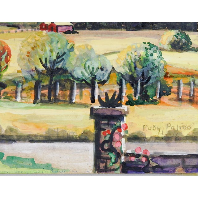 Mid 20th century gouache on artist board landscape with orchard and rolling hills painting by Ruby Palmo (20th Centruy)...