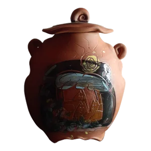 1970s Artist Signed Terracotta Kombucha Lidded Crock