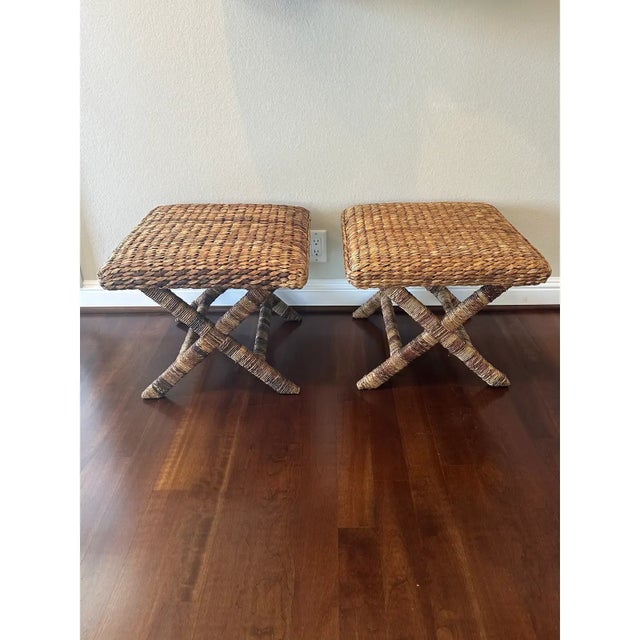 Vintage Rattan & Natural Seagrass Woven Over Wood X Benches - A Pair For Sale - Image 17 of 17