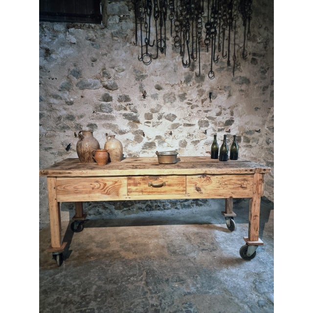 Vintage French Pine Work Table with Drawer and Castors, 1930s For Sale - Image 12 of 18