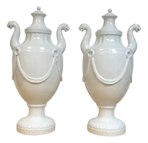 Pair Neoclassical Blanc de Chine Porcelain Urns, Attributed Nymphenburg, 20th C.
