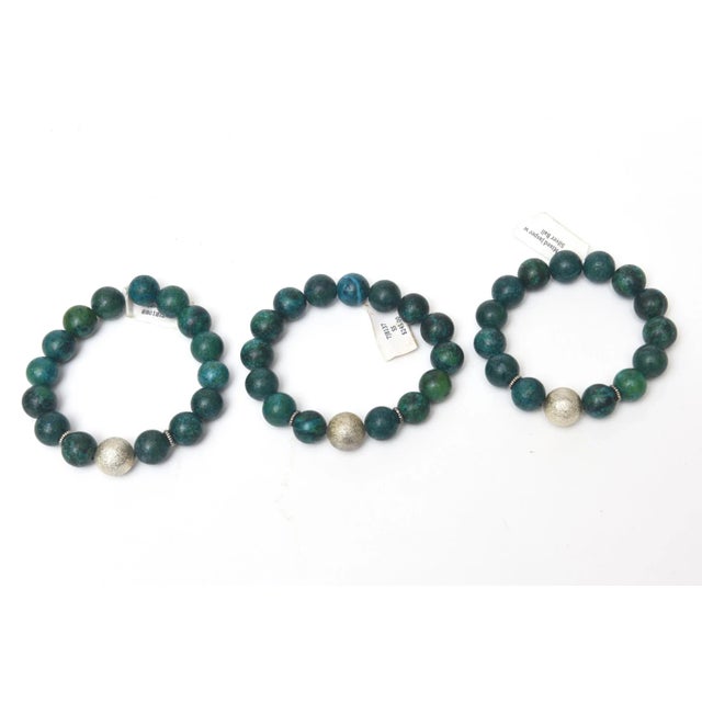 Modern Custom Made Jeweler Turquoise Beaded and Silver Ball Bracelets Set of 3 For Sale - Image 3 of 10
