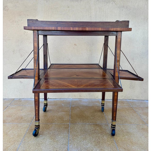 Brown French Art Deco Folding Bar Cart with Drop-Leaf Shelves, Walnut Veneer, c. 1930 For Sale - Image 8 of 9