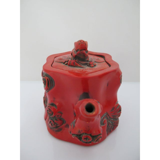 Mid 20th Century Chinese Red Lacquer Tree Trunk Branch Handle Squirrel Finial Lid Teapot For Sale - Image 5 of 15
