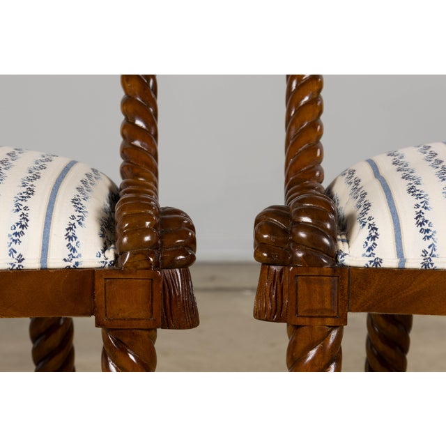 Napoleon III Style Faux Rope Mahogany Gondola Dining Chairs in Blue Stripe - Set of 12 For Sale In New York - Image 6 of 18