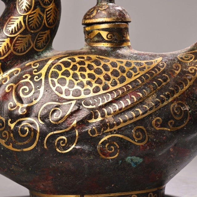 Pair of Antique Gold-Inlaid Bronze Phoenix Vessels – 8.3" Archaic Style Ewers For Sale - Image 10 of 10