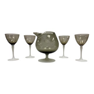Vintage Mid-Century Etched Smoke Glass & White Opaline Stem Cocktail Pitcher Set - 5 Pieces For Sale