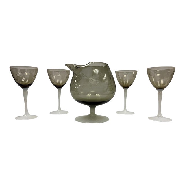 Vintage Mid-Century Etched Smoke Glass & White Opaline Stem Cocktail Pitcher Set - 5 Pieces For Sale