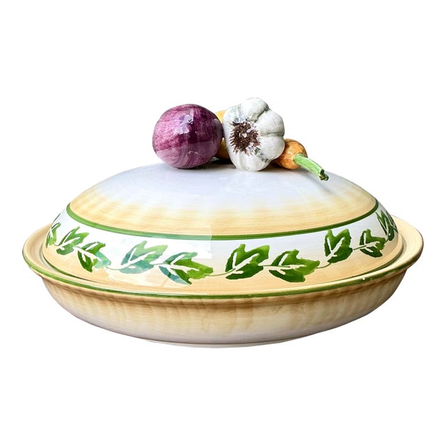 Vintage Italian Glazed Ceramic Vegetable Lidded Bowl For Sale
