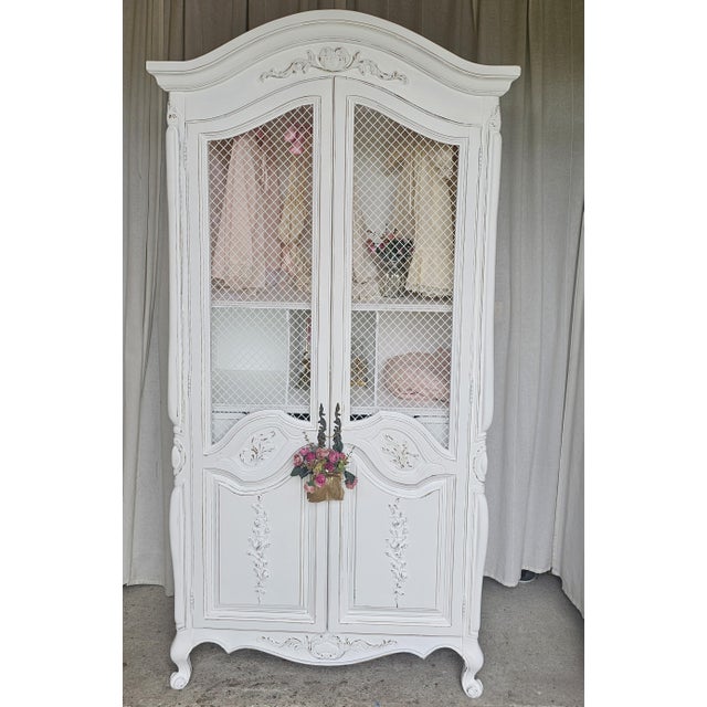French Provincial White Armoire Cabinet, French Provencial, 1950's For Sale - Image 3 of 17