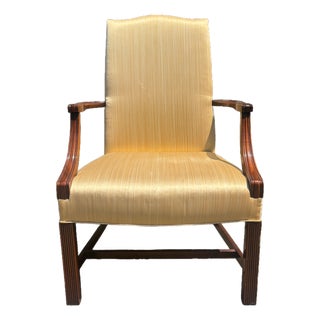 1990s Southwood Mahogany Lolling Chair / Martha Washington Armchair in Gold Strié For Sale