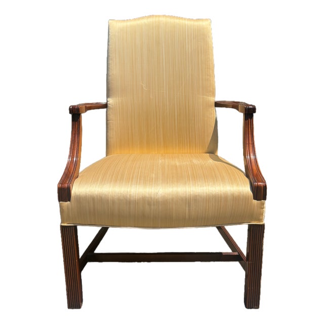 1990s Southwood Mahogany Lolling Chair / Martha Washington Armchair in Gold Strié For Sale