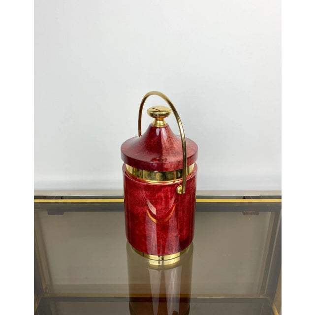 Metal Red Goatskin & Brass Ice Bucket by Aldo Tura, Italy, 1960s For Sale - Image 7 of 13