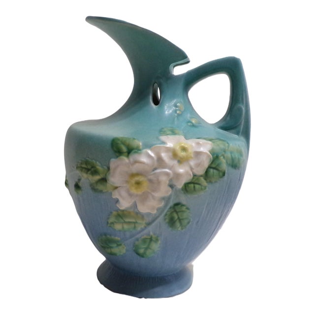 1940s Roseville Pottery Pitcher, Blue & White Flowers and Leaves - Large (10 Inches Tall) For Sale