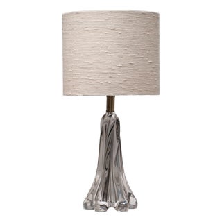 Large French Crystal Table Lamp with Sculptural Base and Silk Shade, 1960s For Sale