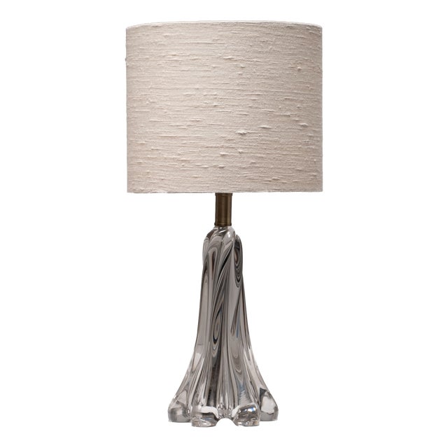 Large French Crystal Table Lamp with Sculptural Base and Silk Shade, 1960s For Sale