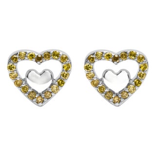 925 Sterling Silver 1/6 Cttw Yellow Diamond Open Double Heart Stud Earrings (Treated Yellow Color, I3 Clarity) For Sale