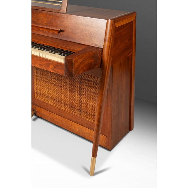 Rare Early Mid Century Modern Baldwin Acrosonic Piano in Walnut, Brass & Caning #759945, Usa, C. 1960s For Sale - Image 15 of 18