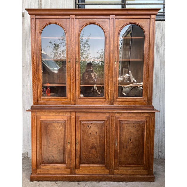 Early 20th Century Bookcase or Vitrine in Spanish Pine with Three Arch Glass Doors For Sale - Image 9 of 18