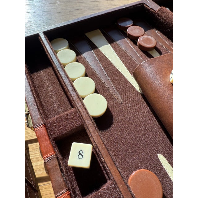 Mid-Century Modern Backgammon Brown Leatherette Handled Case For Sale - Image 3 of 10