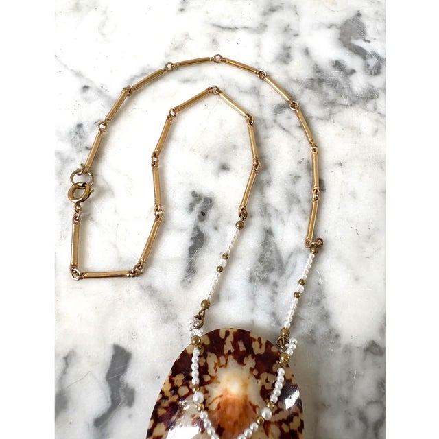1990s Gold Plated Chain Necklace With Pearls and Goldtone Spacers Over Limpet Shell For Sale - Image 4 of 6