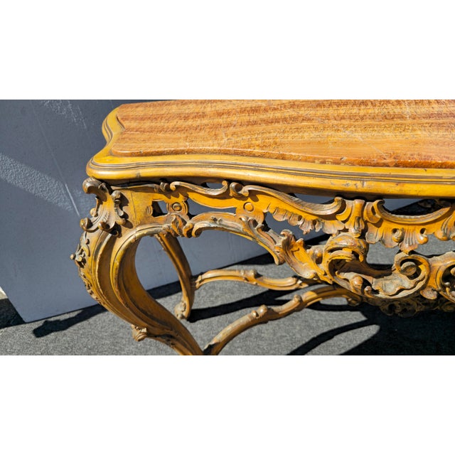 Antique French Rococo Louis XV Ornate Carved Gold Console Table Marble Top For Sale In Los Angeles - Image 6 of 15