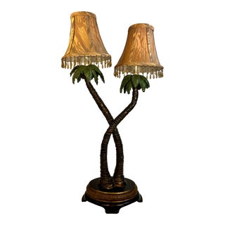 Vintage Palm Beach Regency Double Palm Tree Lamp With Beaded Shades For Sale
