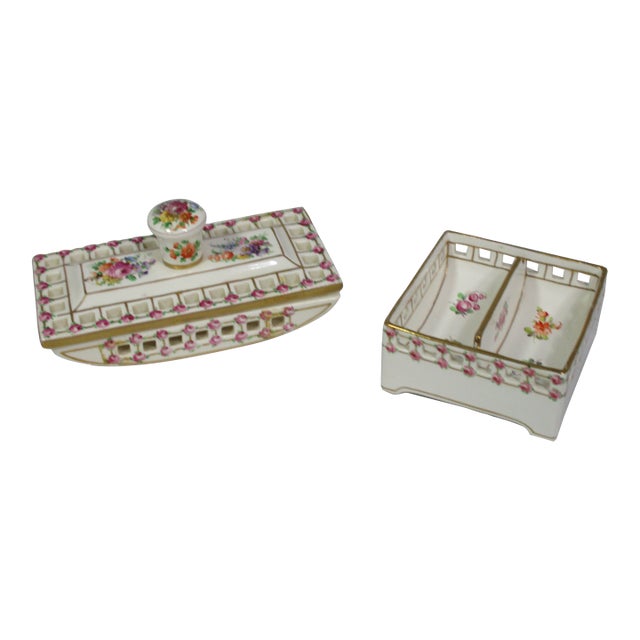 Antique Dresden Germany Hand Painted Porcelain Blotter & Organizer, 2 Piece For Sale