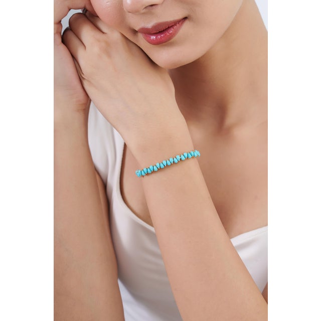 14k Yellow Gold 12.55 Ct Pear-Cut Cabochon Turquoise Tennis Bracelet, 7 Inches For Sale - Image 11 of 17
